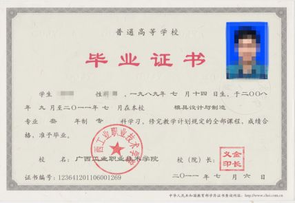 广西工业职业技术学院2011年大专毕业证样本