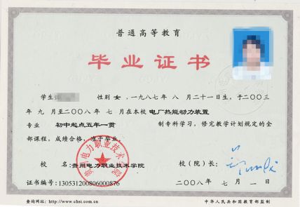 贵州电力职业技术学院2008年大专毕业证样本