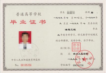 武汉工业学院1999年大专毕业证样本图
